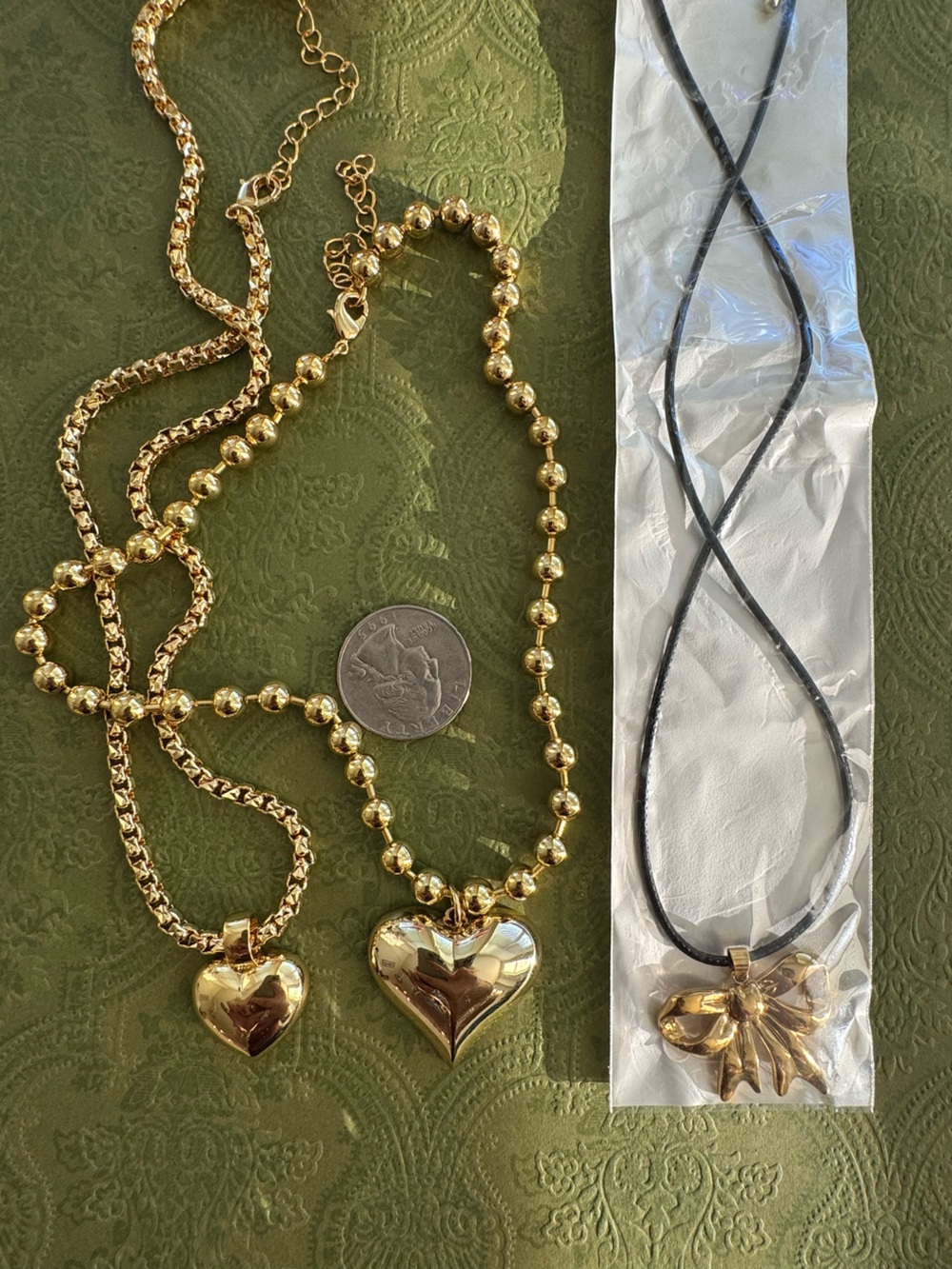 💛🎀 Set of 3: Gold Tone Heart & Bow Necklaces